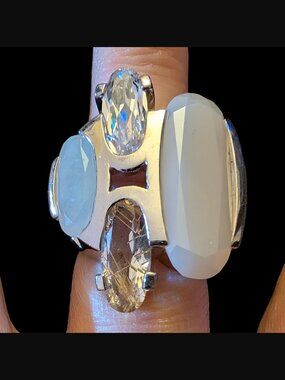 Rare Vintage Daniel Swarovski 925 Sterling Jade Topaz Rutilated Quartz 5.5 Ring